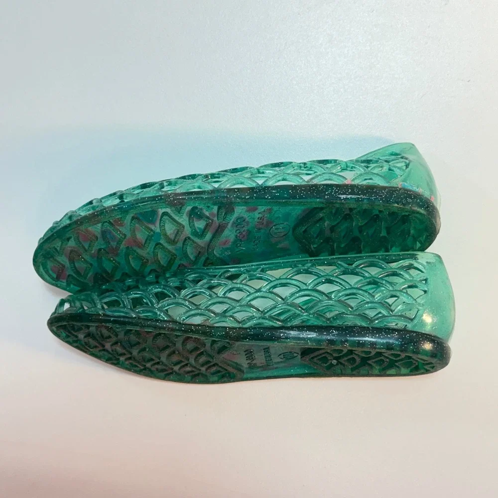 Green Glitter‎ Jelly Shoes Girls Size 11 Teal Woven Flats Y2K Vintage